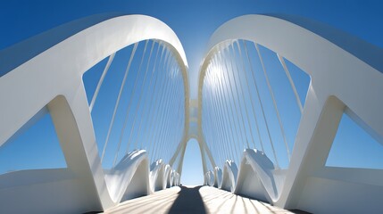 Modern architectural structure featuring symmetrical arches and suspension cables against a bright blue sky