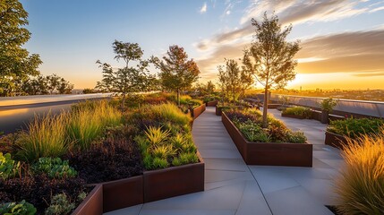 European summer landscape view of a city park path with architecture and grass at sunset over the river