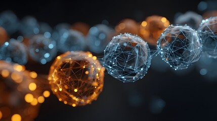 Interconnected glowing spheres form an abstract digital chain against a dark background