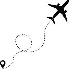 Airplane flight path tracking a journey from origin to destination with a location pin icon, representing global travel and navigation