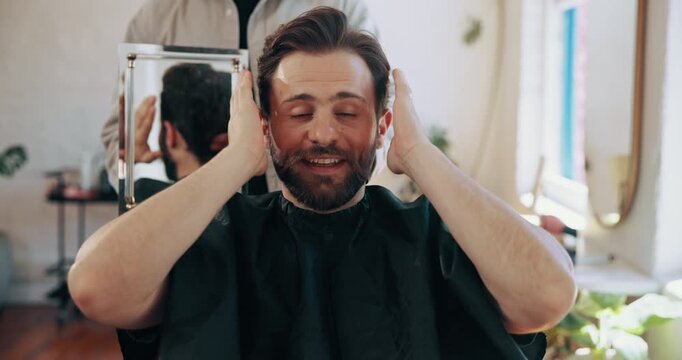 Man, face and mirror in hair salon with smile for haircut, beard and grooming service. Hairstylist, portrait and customer appointment in barbershop satisfied for clean trim with small business client