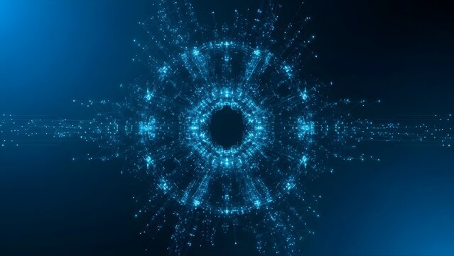 Abstract digital tunnel of glowing data particles and network flow