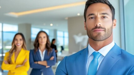 Confident Leadership: A focused, assured business leader stands at the forefront, embodying success with a supportive team, reflecting an atmosphere of professional dedication. 