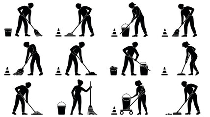 Silhouettes of people cleaning floors with brooms and mops in various poses, illustrating different cleaning tasks.