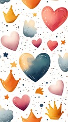 Watercolor Hearts, Crowns, Stars Clouds Seamless Pattern Whimsical Design for Children and Celebrations