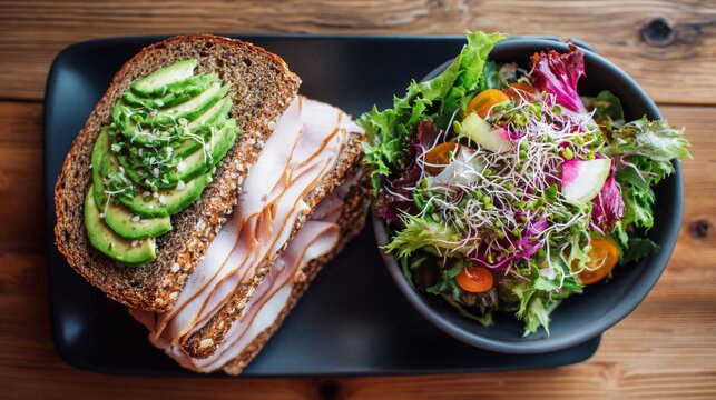 Delicious turkey sandwich on whole grain bread with avocado slices served alongside a fresh mixed green salad in a stylish bowl