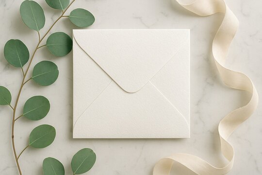 White envelope on marble with eucalyptus and silk ribbon