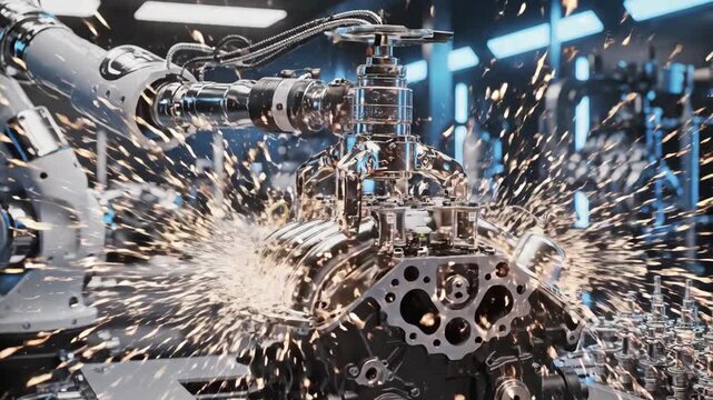 Advanced Robotic Arm and Engine Block in High-Tech Factory Setting
