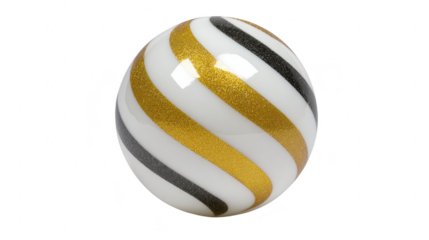White sphere with gold and black glitter stripes, glossy surface, festive and elegant decoration, isolated on transparent background, suitable for holiday or party themes