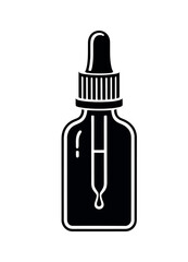 A minimalist black and white illustration of a glass dropper bottle with a liquid drop at the tip.