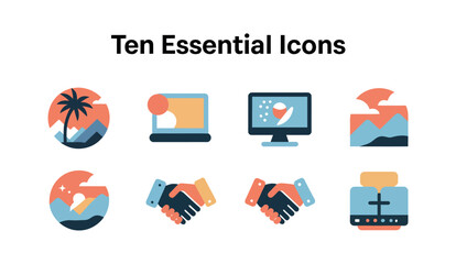 A collection of ten essential icons representing travel, technology, and business concepts is displayed on a white background.