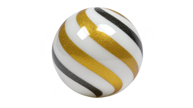 White sphere with gold and black glitter stripes, glossy surface, festive and elegant decoration, isolated on transparent background, suitable for holiday or party themes