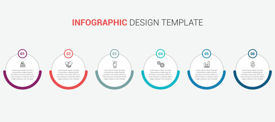 Modern infographic design template with six oval steps and icons for a business presentation or timeline