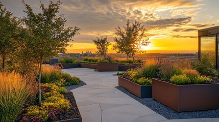 European summer landscape view of a city park path with architecture and grass at sunset over the river