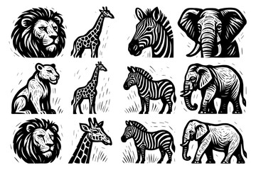 Obraz premium Black and white animal silhouettes highlighting safari wildlife in woodcut style