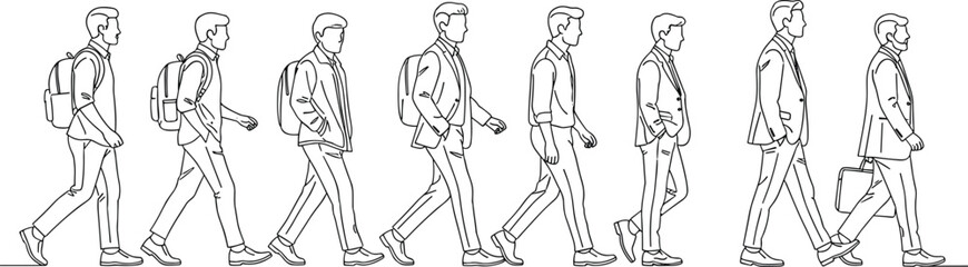Continuous line art of walking men, diverse male figures from student with backpack to businessman in suit vector illustration