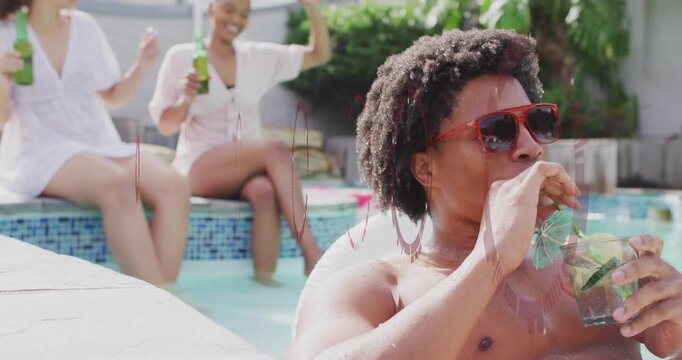 Man sipping cocktail lifting shades, turning to women cheering pool as red HUD fading for marketing