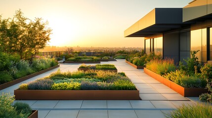 European summer landscape view of a city park path with architecture and grass at sunset over the river