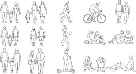 Family and people activity line art illustration, walking, cycling, playing, relaxing, outdoor lifestyle vector drawing for modern design concept