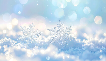 Naklejka premium white snowflakes with light bokeh on pastel blue background, soft and dreamy winter feel, festive mood