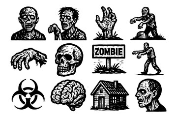 Fototapeta premium Spooky zombie and skull collection in detailed vintage woodcut style