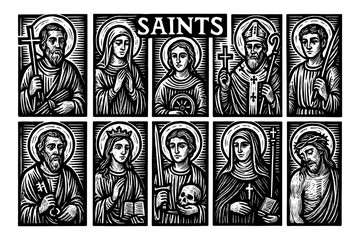 Sacred figures in woodcut style: saints and religious imagery