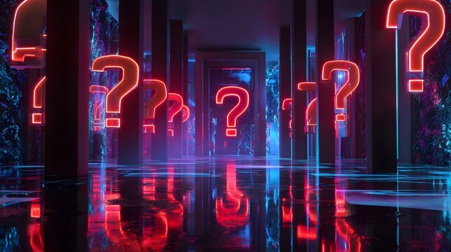 Numerous glowing neon question marks fill a dark, futuristic corridor with reflective surfaces.