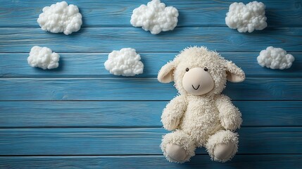 A charming white fluffy sheep plushie sits patiently on rustic blue wooden planks surrounded by cotton clouds