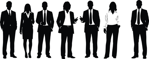 Group of seven business people silhouettes standing in suits, diverse professional men and women vector illustration figures for corporate team