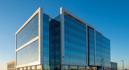 Obraz premium Modern glass office building with blue sky reflections on a sunny day