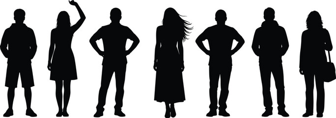 Group of stylish people silhouettes, men and women in casual outfits, black vector illustration design, modern lifestyle artwork concept