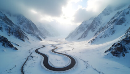 Aerial drone winding road snowy mountain valley — winter strategy hero