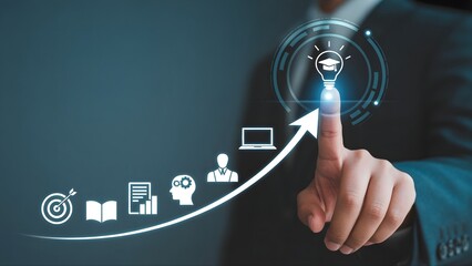 Business hand touching glowing lightbulb, education idea concept.