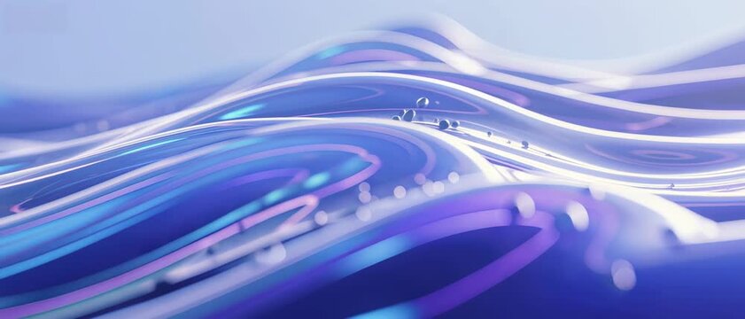 Dynamic abstract blue and purple wave patterns with shimmering highlights and luminous particles, symbolizing the smooth flow of digital information and the elegant complexity of modern technology