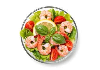 Fresh shrimp salad with lemon and tomatoes on lettuce