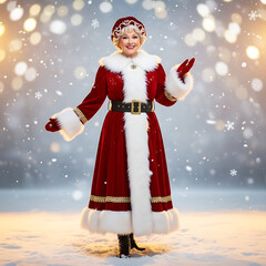 Elegant Mrs. Claus in Classic Christmas Winter Setting. generative ai

Descrição curta:Elegant mature Mrs. Claus posing outdoors with Christmas decorations and falling snow.
