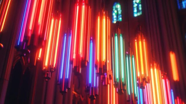 Video Colorful lighting illuminates the interior of a church, providing a unique and vibrant atmosphere