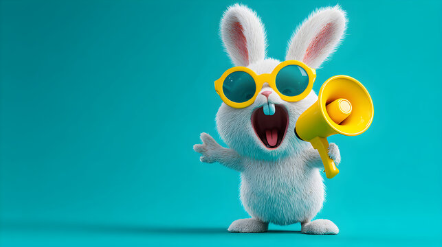 Cute white rabbit mascot announcing important news