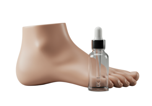 Pristine anatomical human foot sole model, realistic skin texture, sleek clear glass bottle with liquid on seamless transparent background. Concept for medical and cosmetic product precision