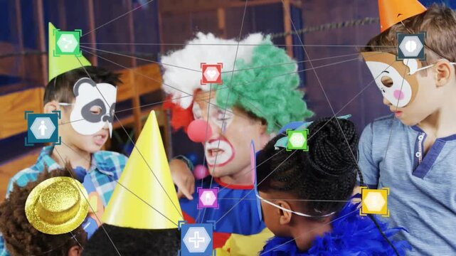Clown talking to children at party, animated overlay appearing and mapping faces to entertain