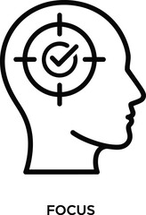 Focus and concentration icon showing target and checkmark in human head profile for goal achievement and mental clarity.