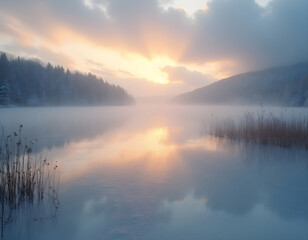 Fototapeta premium Macro Icicles on Rock with Frozen Lake & Reeds — Pastel Sunrise