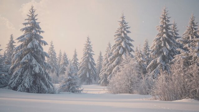 Snow-covered trees in a winter landscape with snow on the ground and sky. Nature and wilderness scene. Cold weather and winter scenery. The scenery of a snowy winter forest. - Powered by Adobe