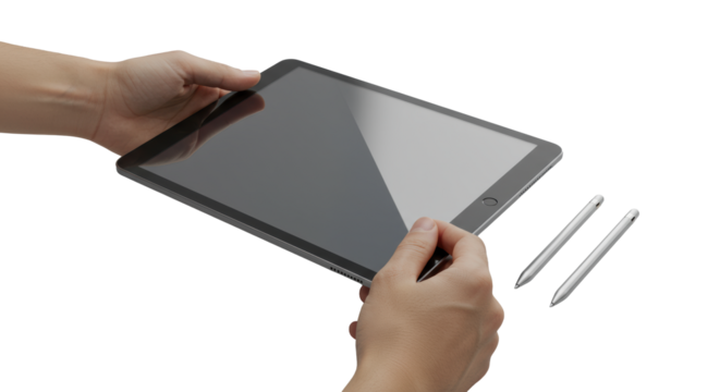 Two clean hands with neutral skin tone gently hold a sleek dark grey tablet horizontally, with a chrome stylus nearby, on a transparent studio background. Concept for technology advertising