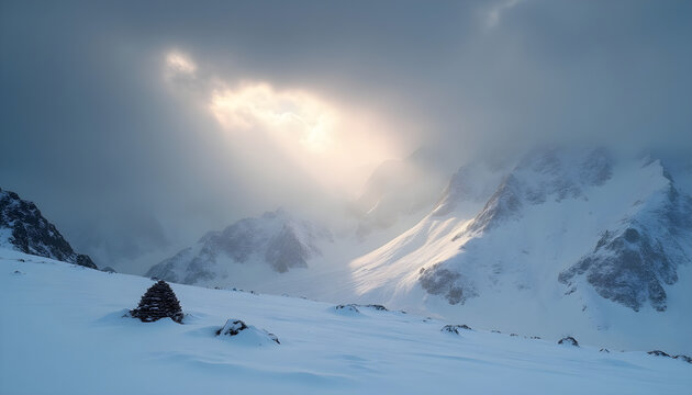 Snowy alpine panorama with cairn, golden sunrays — hope & resilience - Powered by Adobe