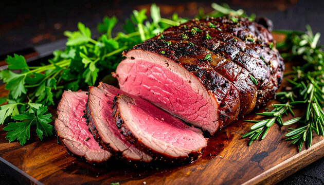 Aged venison backstrap roast with fresh herbs, rustic and earthy food styling. Tasty meat. Cooking