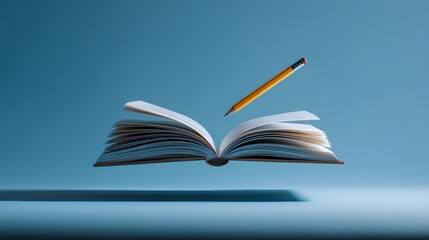Open paper textbook and wooden writing utensil suspended above a surface
