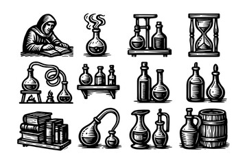 Vintage alchemy icons featuring distiller, potion bottles, and hourglass in retro woodcut style