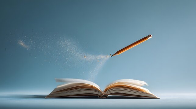 Pencil levitates above an open book releasing a cloud of particles against a pale blue backdrop