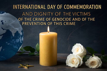 Genocide commemoration image with lit candle, white roses, globe, and dark background generative ai